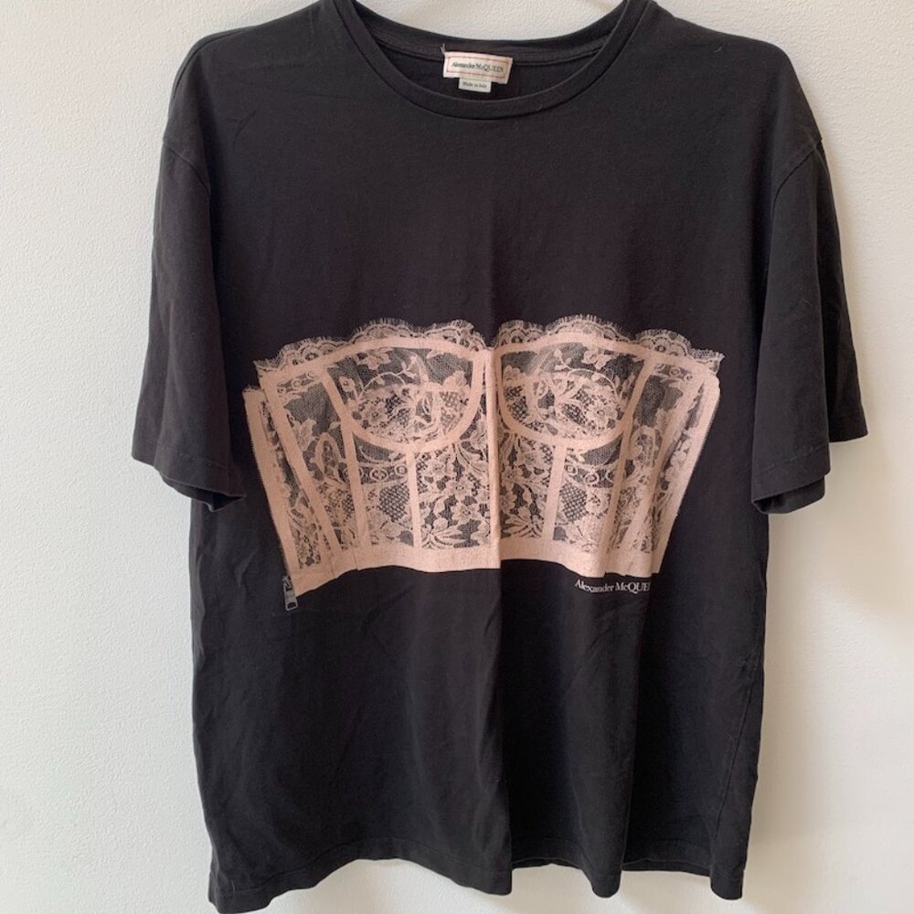 Alexander McQueen Lace Corset T Shirt - Black and Pink